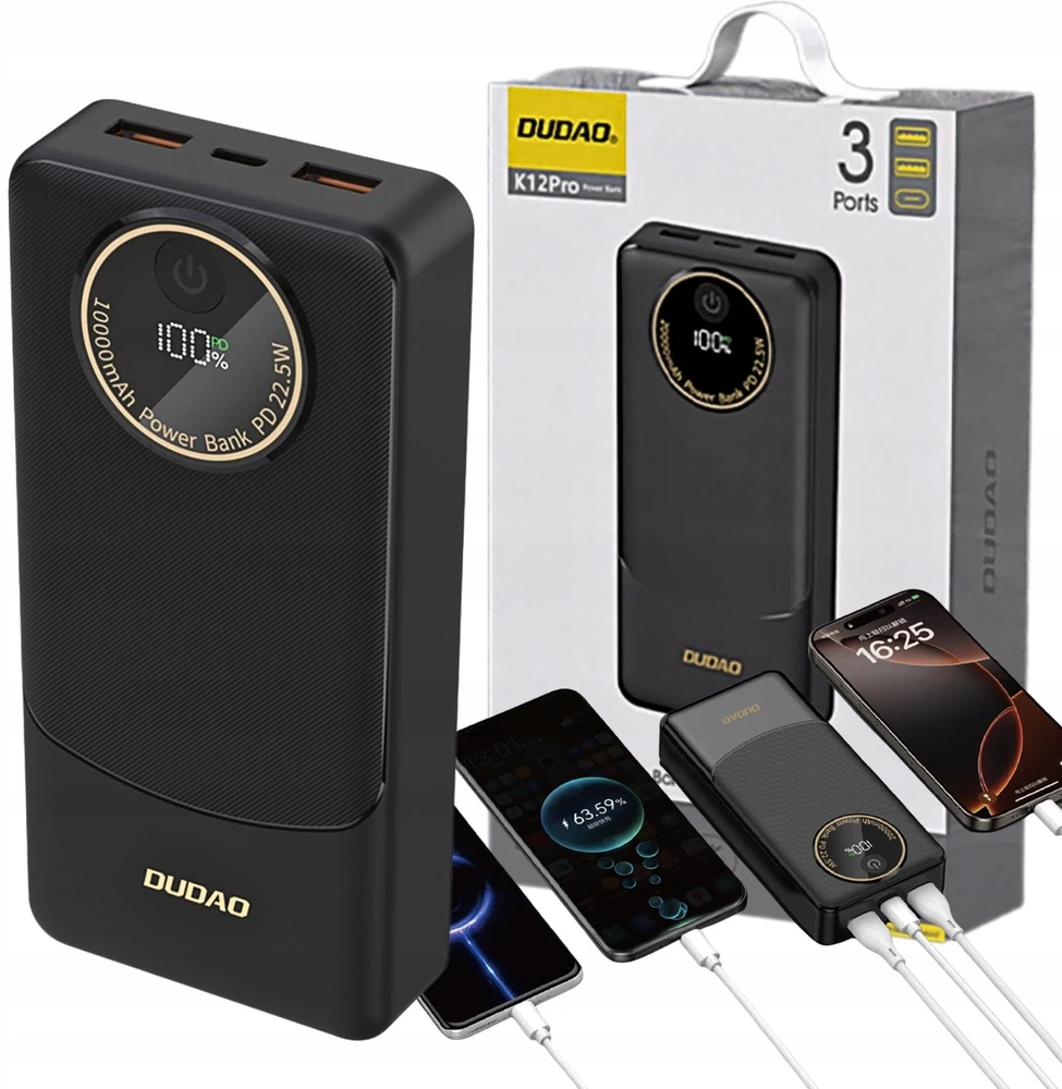 Dudao K12Pro išorinė baterija 22.5W PD 20000mAh USB-A, USB-C - Juodas