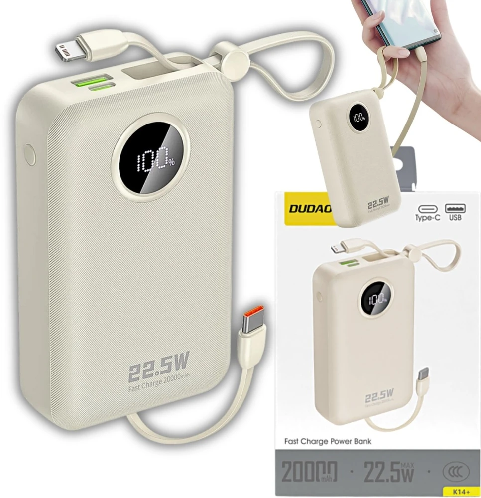 Dudao K14+ išorinė baterija 20000mAh 22.5W USB-C / USB-A / integruoti „Lightning“ ir USB-C laidai - Baltas