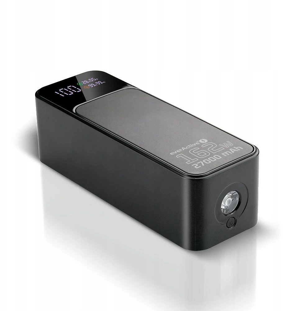 „everactive“ išorinė baterija 27 000 mAh, 1x USB, 2x USB-C, 162,5 W, QC4+, žibintuvėlis, LCD ekranas, juodas