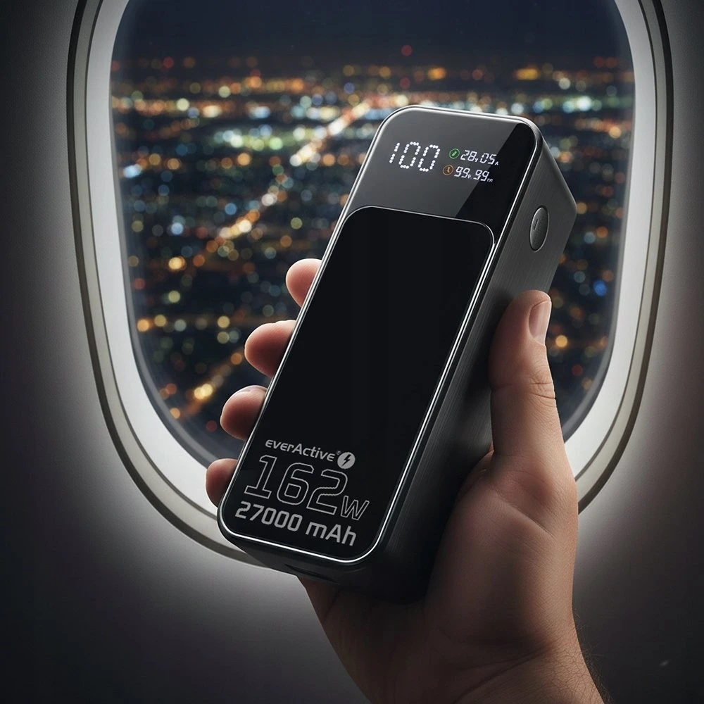 „everactive“ išorinė baterija 27 000 mAh, 1x USB, 2x USB-C, 162,5 W, QC4+, žibintuvėlis, LCD ekranas, juodas