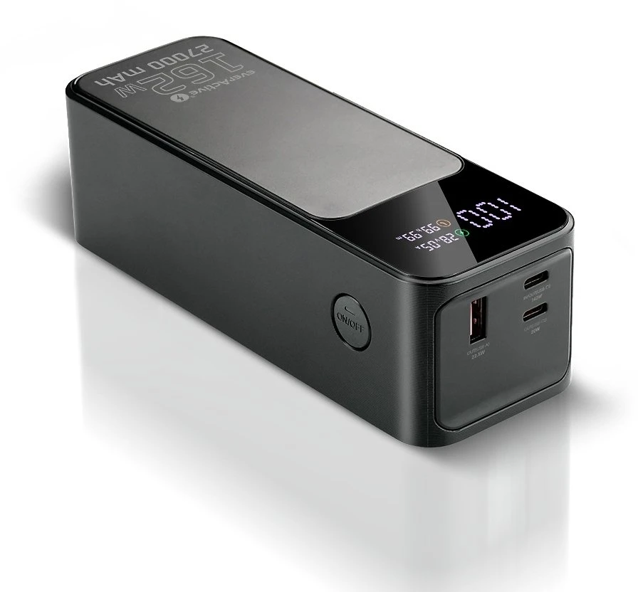 „everactive“ išorinė baterija 27 000 mAh, 1x USB, 2x USB-C, 162,5 W, QC4+, žibintuvėlis, LCD ekranas, juodas