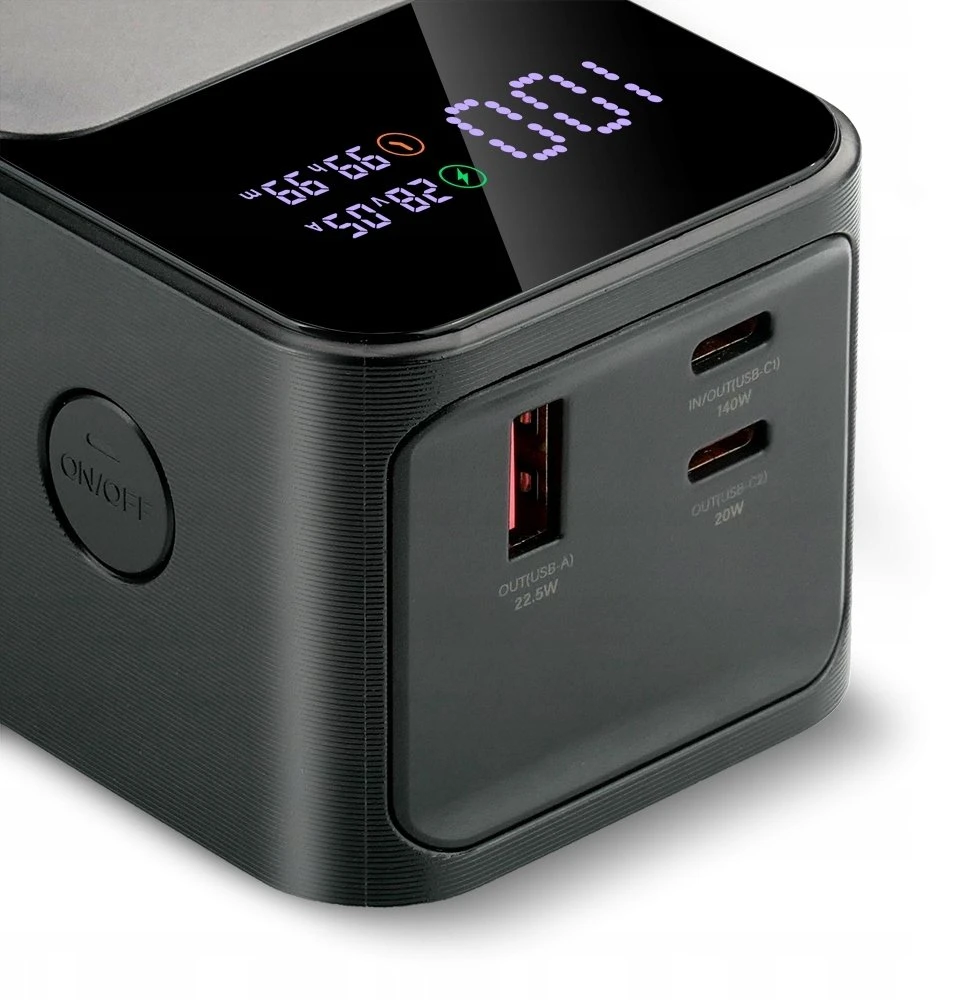 „everactive“ išorinė baterija 27 000 mAh, 1x USB, 2x USB-C, 162,5 W, QC4+, žibintuvėlis, LCD ekranas, juodas