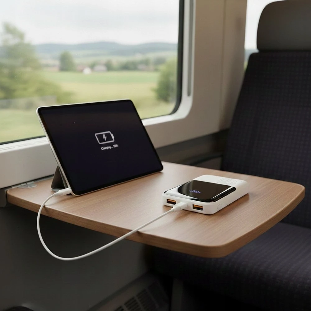 „everactive“ nešiojama įkroviklis 10 000 mAh, 2x USB, 1x USB-C 22,5 W, QC4+, LCD ekranas, baltas