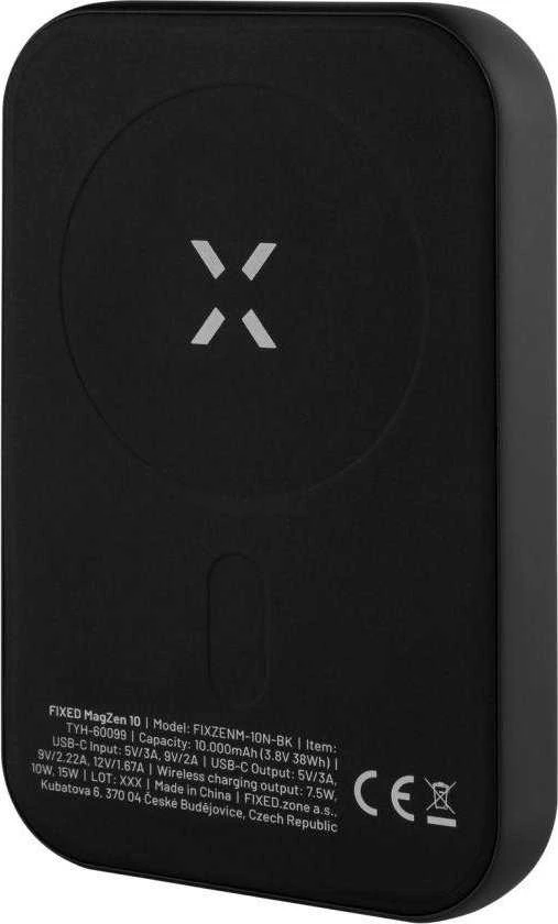 Fixed Fiksuotas | MagZen (2 kartos) su belaidžiu įkrovimu ir MagSafe palaikymu Power bank | FIXZENM2-10-BK | 10000 mAh | USB-C: 5 V / 2 A, 9 V / 2,22 A, 12 V / 1,67 A (maks. 20 W) | Juodas