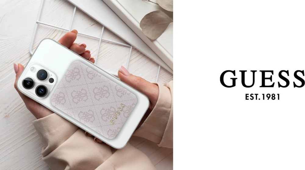 „Guess“ indukcinė išorinė baterija 15WGUPB5FP4EMGB 5000mAh mėlynas 4G odinis metalinis logotipas su „MagSafe“ logotipu