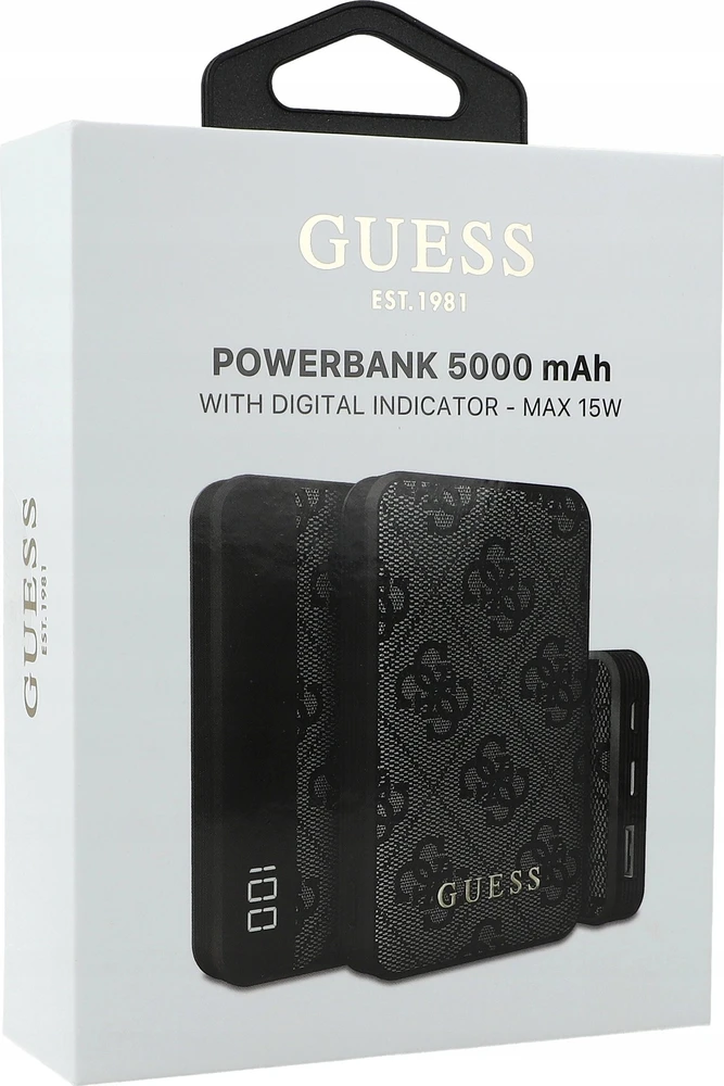 Guess Powerbank 15W GUPB5LP4GEGK 5000mAh juodos spalvos 4G odinis metalinis logotipas