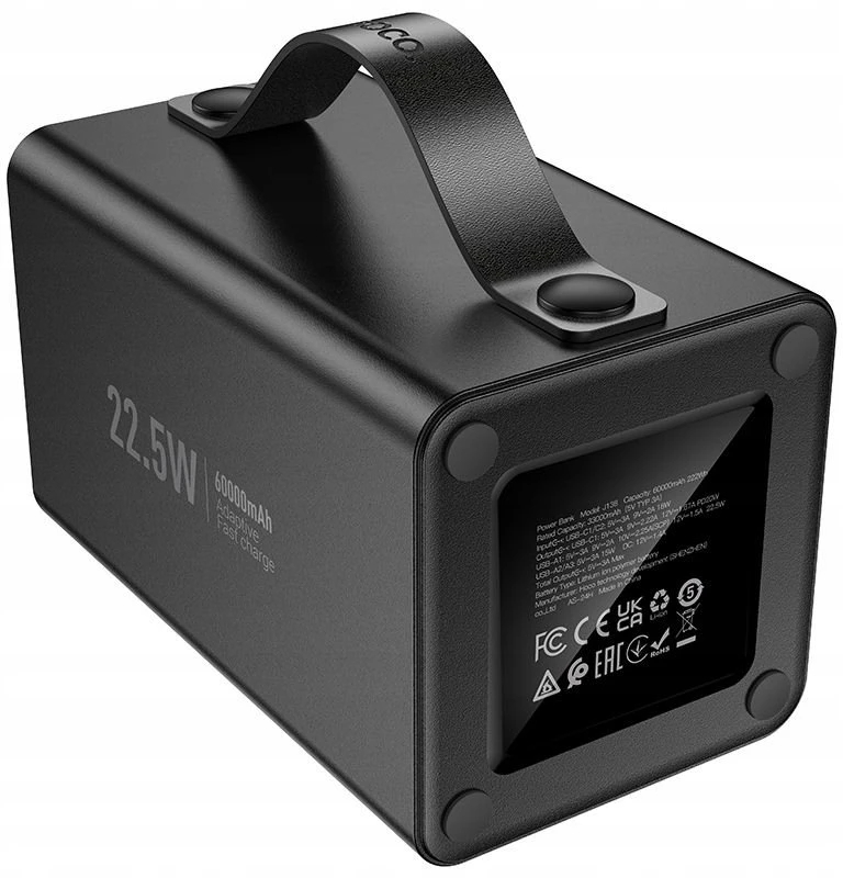 Nešiojamoji baterija Hoco 60000 mAh QC PD 3A 22,5W DC12V su įmontuotu apšvietimu J138 juodas