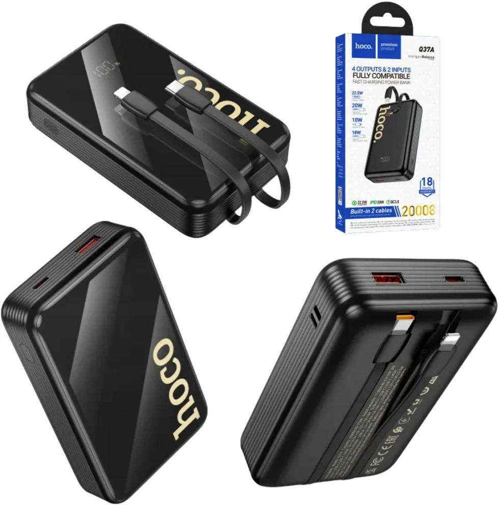 Išorinė baterija Hoco 20000 mAh QC PD 22,5W su integruotais laidais USB C + Lightning Q37A juodas