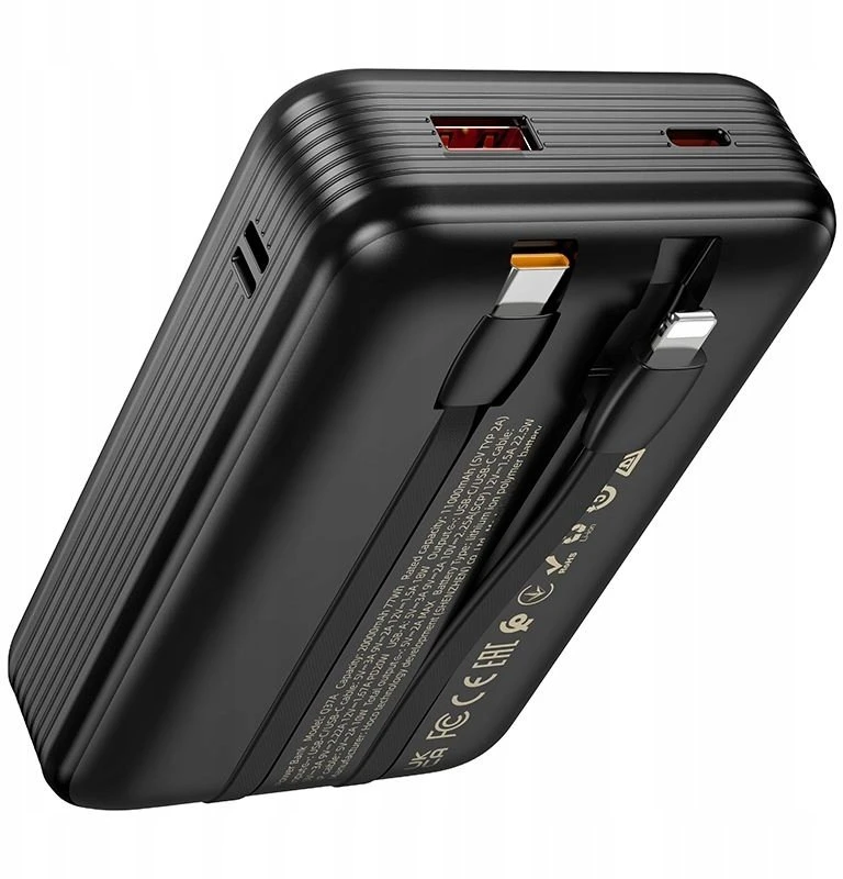 Išorinė baterija Hoco 20000 mAh QC PD 22,5W su integruotais laidais USB C + Lightning Q37A juodas