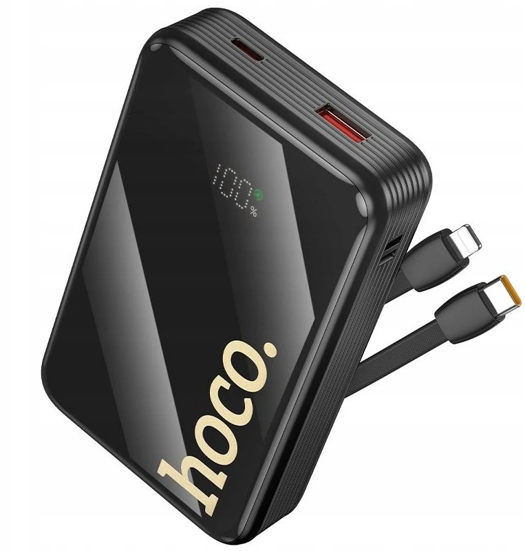 Išorinė baterija Hoco 20000 mAh QC PD 22,5W su integruotais laidais USB C + Lightning Q37A juodas