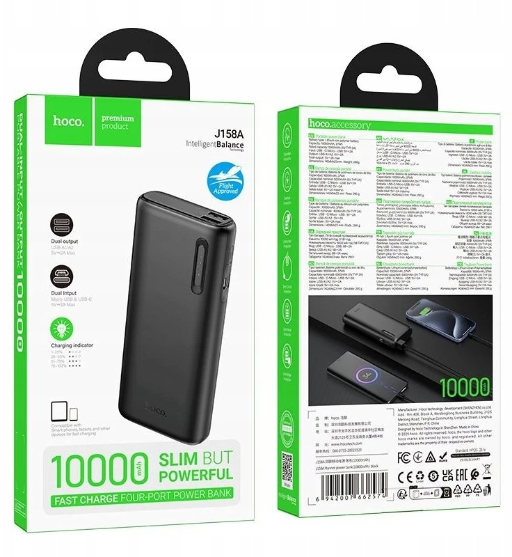 Powerbank Hoco 10000 mAh 2A J158A juodas