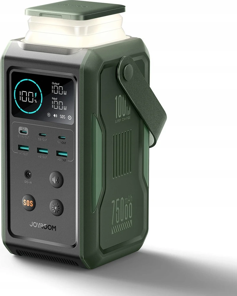 Powerbank Joyroom JR-PBF10 75000mAh 100W 3x USB-C 3x USB-A su sulankstomu žibintuvėliu ir rankena – žalia