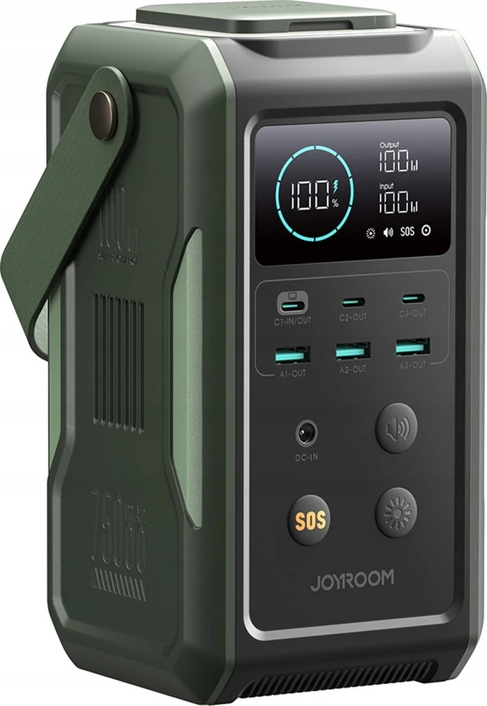 Powerbank Joyroom JR-PBF10 75000mAh 100W 3x USB-C 3x USB-A su sulankstomu žibintuvėliu ir rankena – žalia