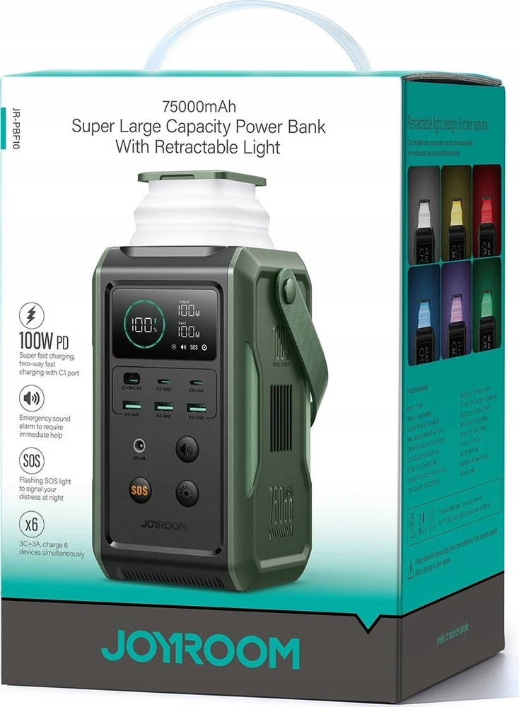 Powerbank Joyroom JR-PBF10 75000mAh 100W 3x USB-C 3x USB-A su sulankstomu žibintuvėliu ir rankena – žalia