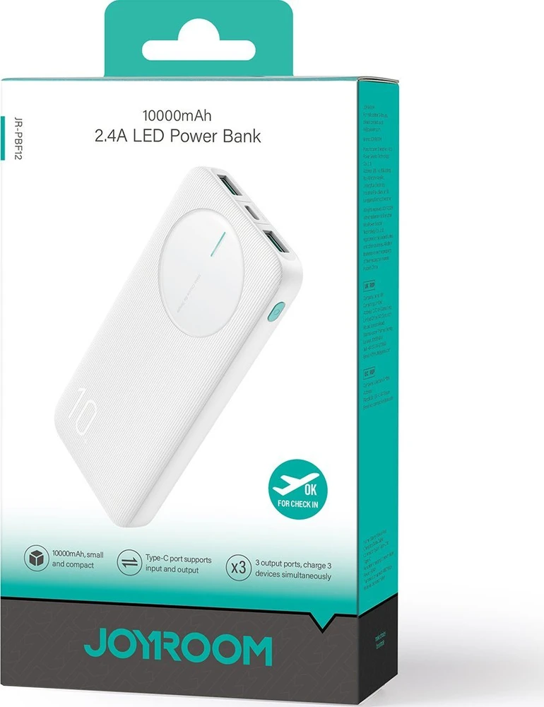 Nešiojamoji baterija Joyroom JR-PBF12 10000mAh 2.4A 2x USB-A 1x USB-C – baltos spalvos