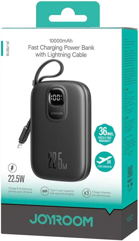 Išorinė baterija Power Bank Joyroom JR-PBF18 22.5W with Lightning cable 10000mAh juoda