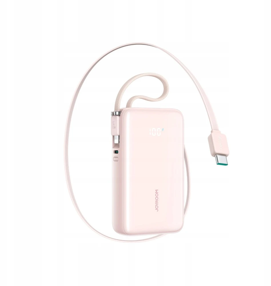 Joyroom JR-PR2L 10000mAh 35W išorinė baterija su integruotu ištraukiamu USB-C laidu ir „Lightning“ laidu ant virvelės - Rožinė