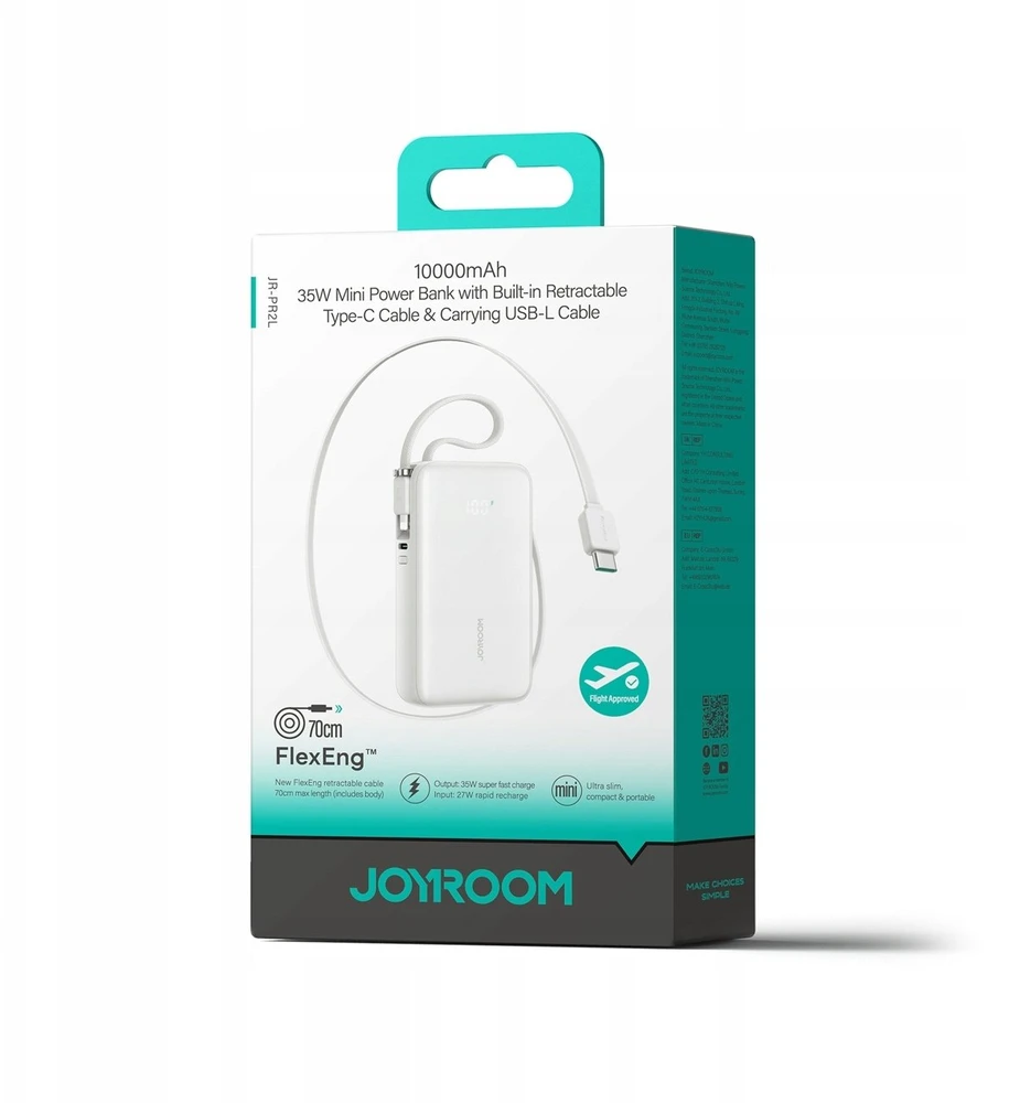 „Joyroom JR-PR2L“ 10000mAh 35W išorinė baterija su integruotu ištraukiamu USB-C laidu ir „Lightning“ laidu – Baltas