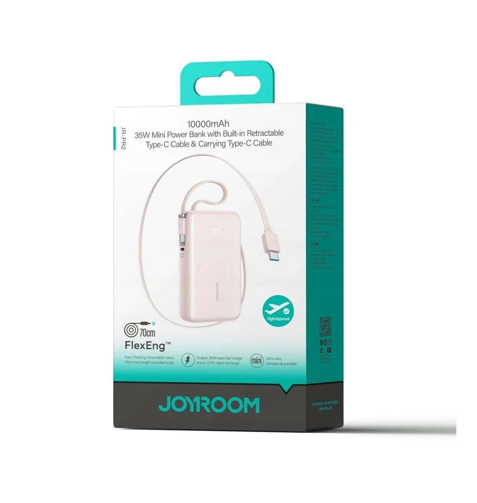 Joyroom JR-PR2L 10000mAh 35W išorinė baterija su integruotu ištraukiamu USB-C laidu ir USB-C virvele - Rožinė