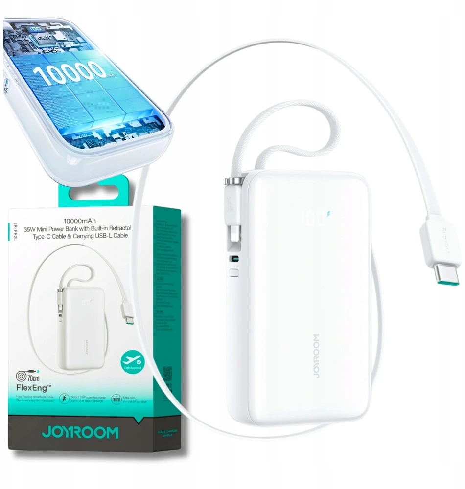 „Joyroom JR-PR2L“ 10000mAh 35W išorinė baterija su integruotu ištraukiamu USB-C laidu ir „Lightning“ laidu – Baltas
