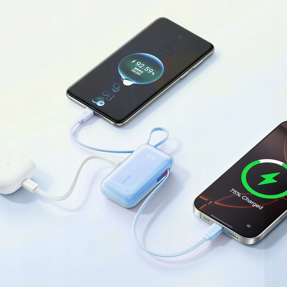 Joyroom JR-PR2L 10000mAh 35W išorinė baterija su integruotu ištraukiamu USB-C laidu ir „Lightning“ laidu ant virvelės - Mėlyna
