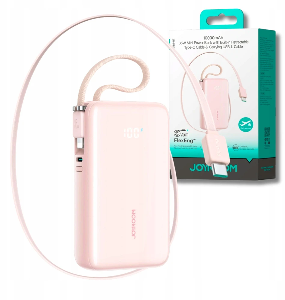 Joyroom JR-PR2L 10000mAh 35W išorinė baterija su integruotu ištraukiamu USB-C laidu ir „Lightning“ laidu ant virvelės - Rožinė