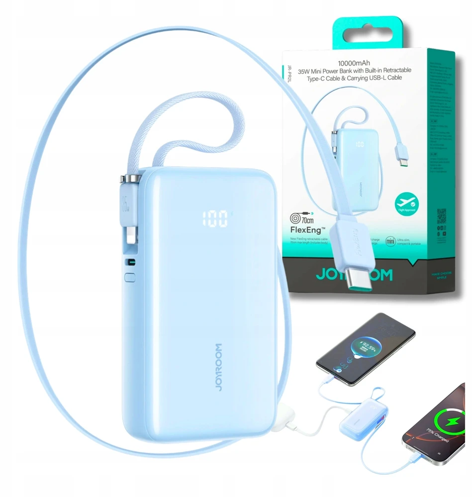 Joyroom JR-PR2L 10000mAh 35W išorinė baterija su integruotu ištraukiamu USB-C laidu ir „Lightning“ laidu ant virvelės - Mėlyna
