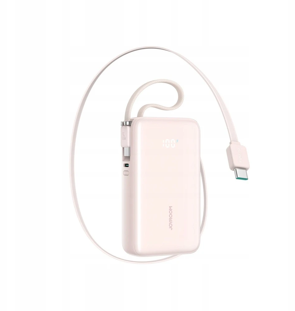 Joyroom JR-PR2L 10000mAh 35W išorinė baterija su integruotu ištraukiamu USB-C laidu ir USB-C virvele - Rožinė