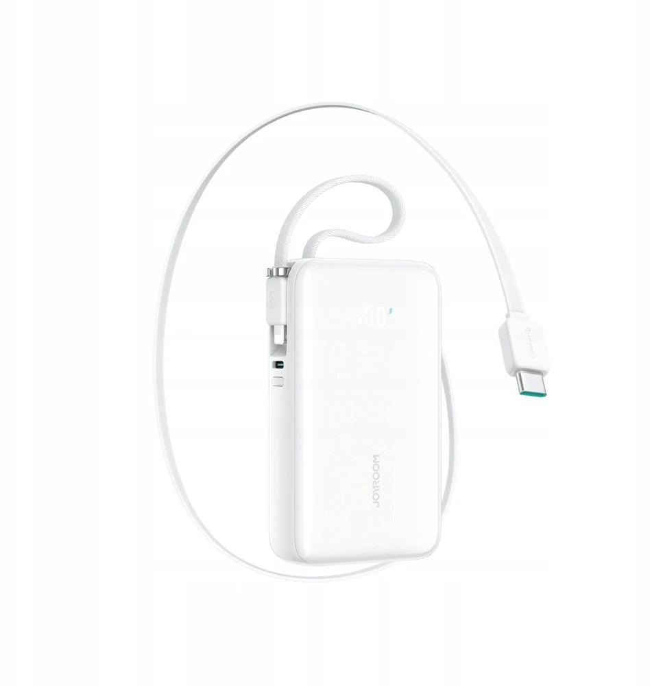 „Joyroom JR-PR2L“ 10000mAh 35W išorinė baterija su integruotu ištraukiamu USB-C laidu ir „Lightning“ laidu – Baltas