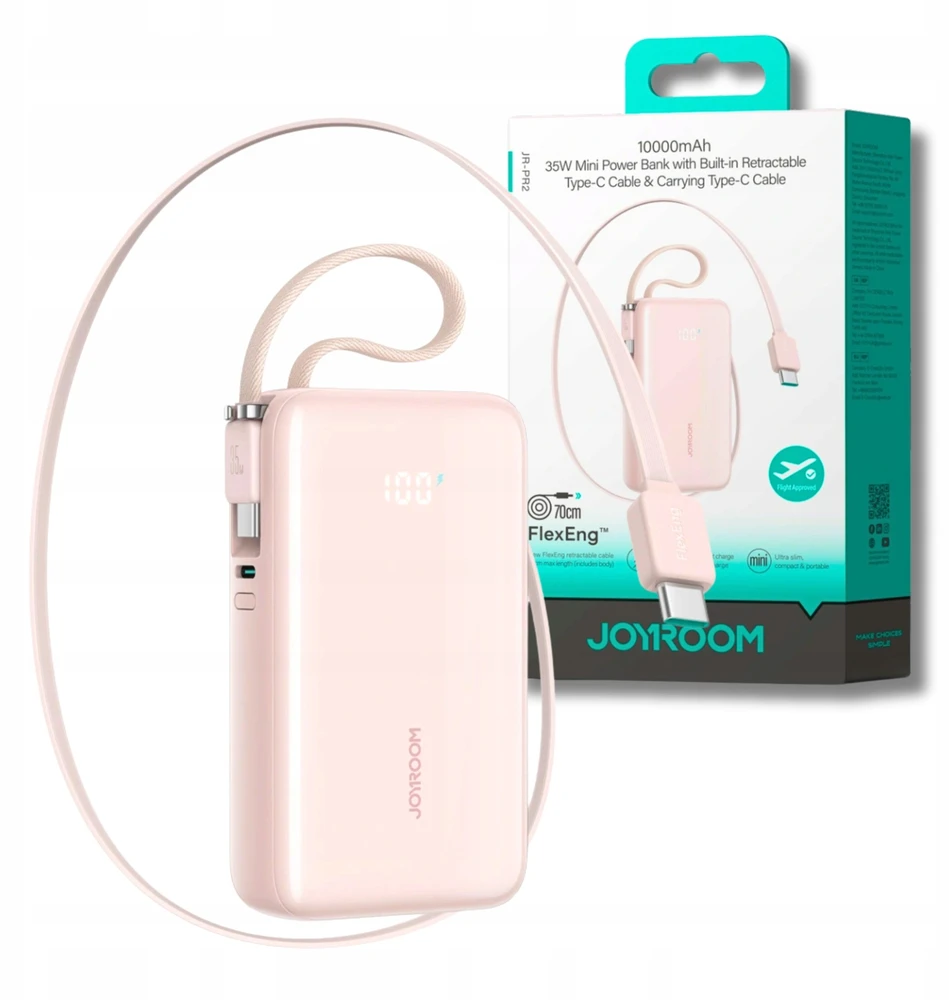 Joyroom JR-PR2L 10000mAh 35W išorinė baterija su integruotu ištraukiamu USB-C laidu ir USB-C virvele - Rožinė
