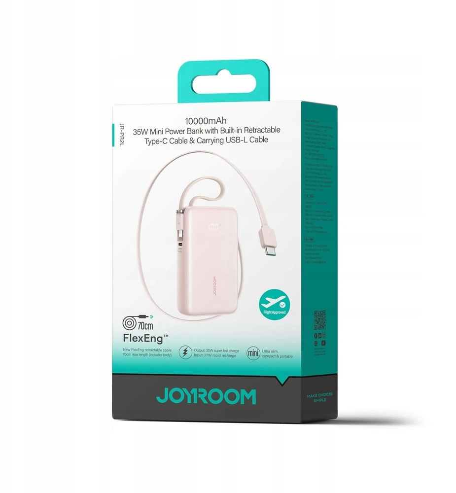 Joyroom JR-PR2L 10000mAh 35W išorinė baterija su integruotu ištraukiamu USB-C laidu ir „Lightning“ laidu ant virvelės - Rožinė