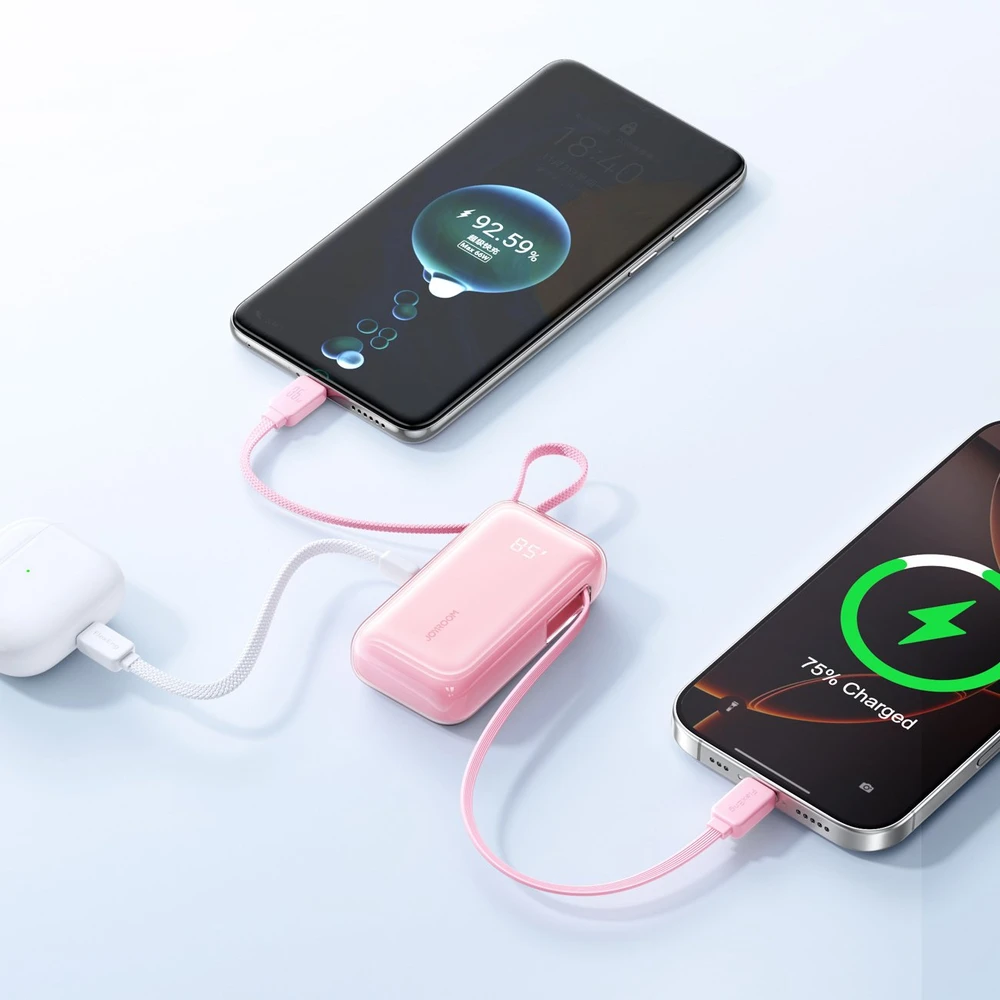 Joyroom JR-PR2L 10000mAh 35W išorinė baterija su integruotu ištraukiamu USB-C laidu ir USB-C virvele - Rožinė