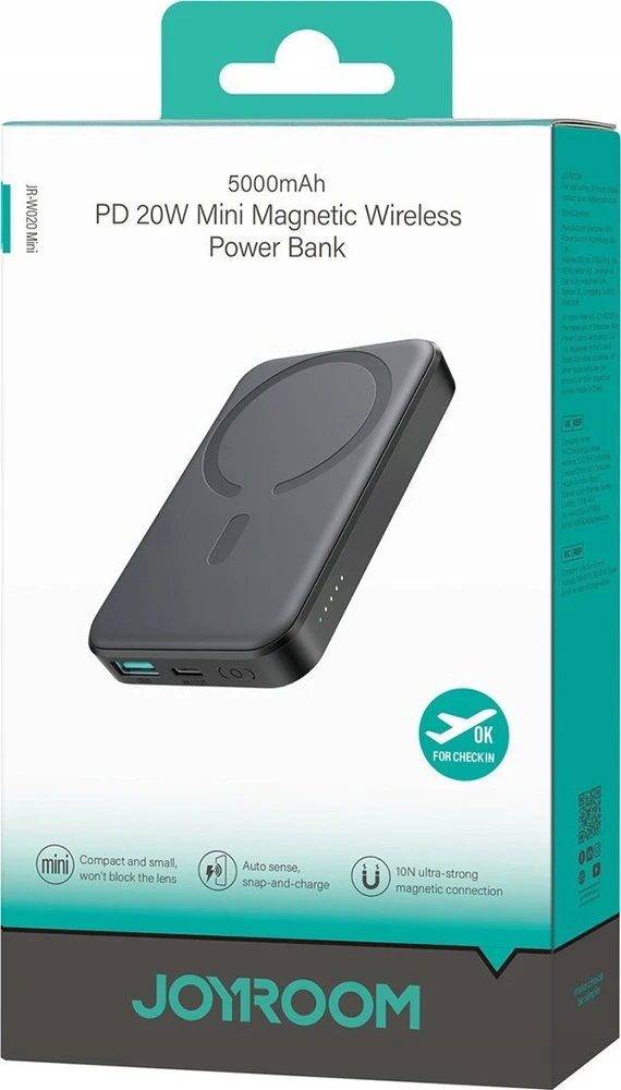 Powerbank Joyroom JR-W020 Mini 5000mAh USB-A USB-C inductive 20W – juodos spalvos + USB-C / USB-C cable
