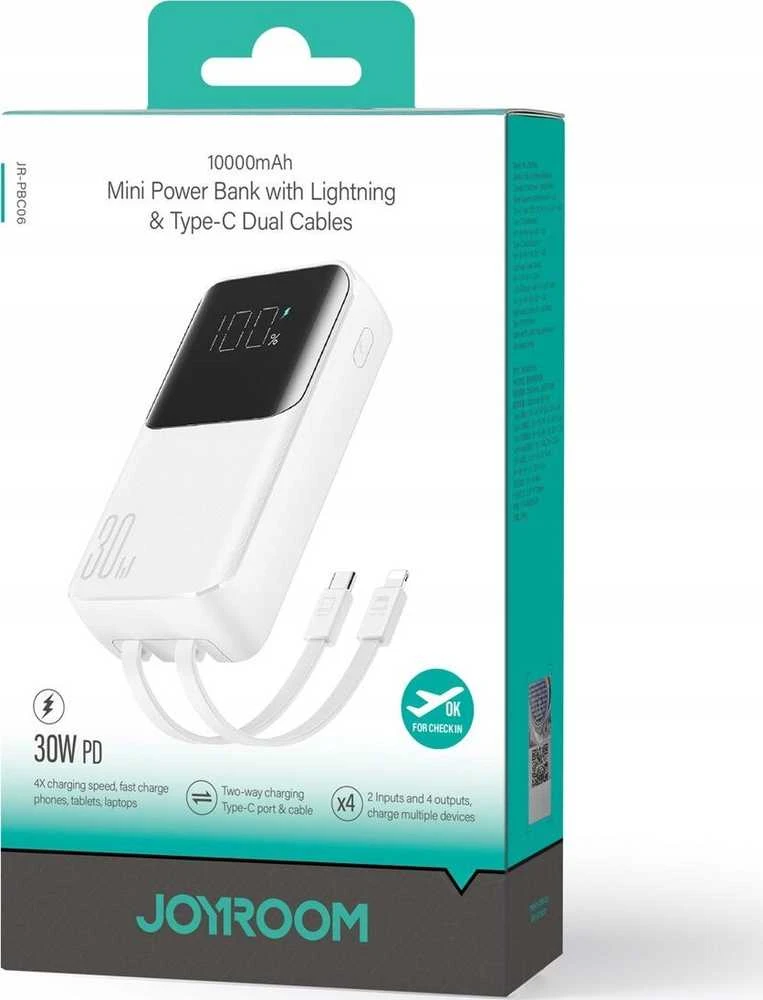 Mini power bank su integruotu kabeliss Joyroom JR-PBC06 30W 10000mAh – baltos spalvos