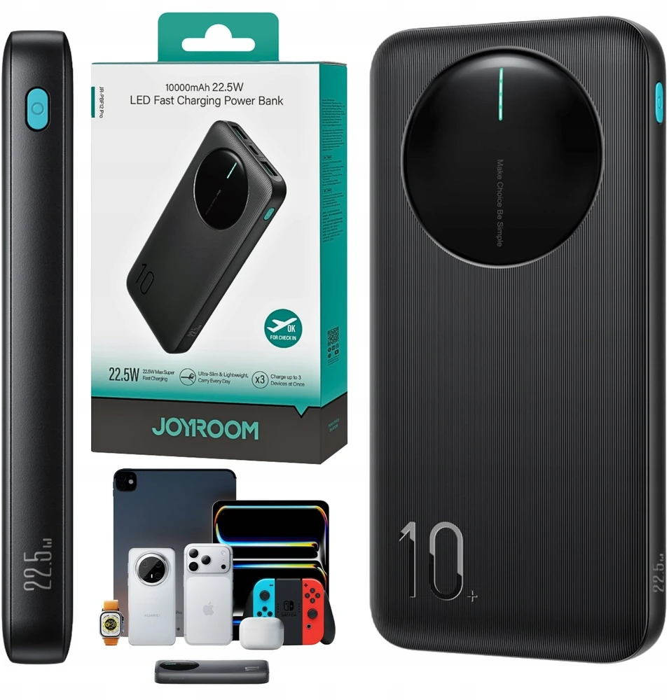 Joyroom JR-PBF12 Pro Powerbank 22.5W 10000mAh with Digital Ekranas 2x USB-A 1x USB-C - Juodas