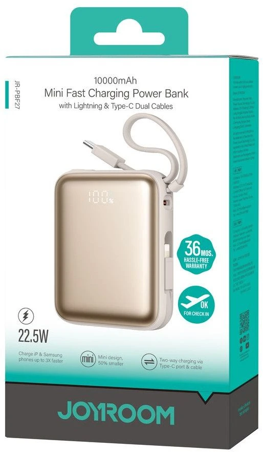 Joyroom JR-PBF27 22.5W 10000mAh Powerbank su dviem integruotais kabeliais – aukso spalvos