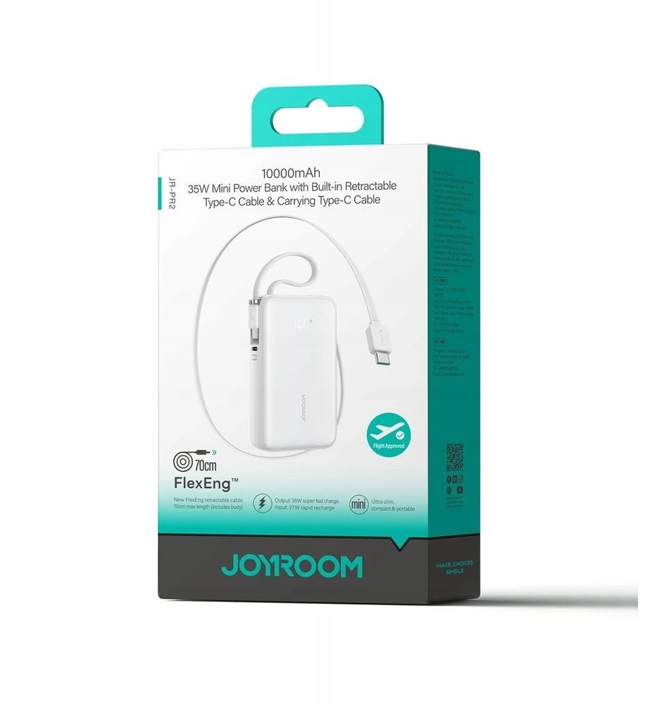 Joyroom JR-PR2 35W 10000mAh išorinė baterija su dviem integruotais USB-C laidais - Baltas