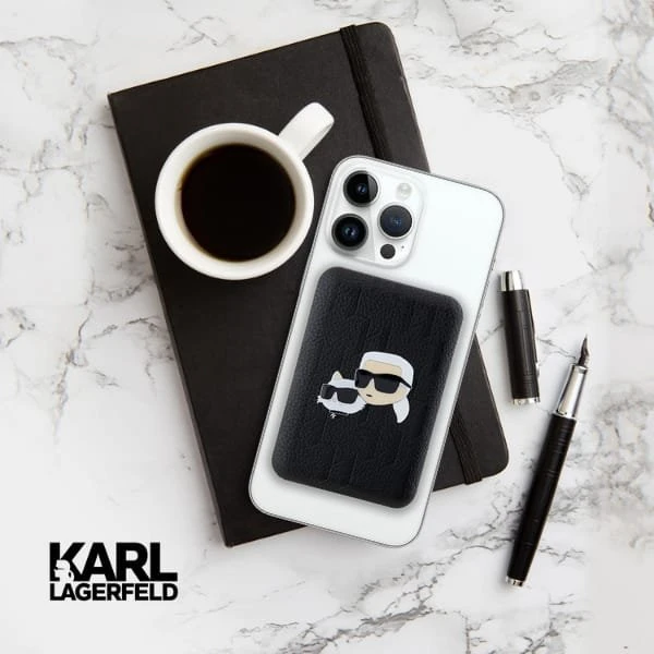 Karl Lagerfeld indukcinė išorinė baterija KLPB5FPGKSKCHK 16W 5000mAh juodos spalvos Karl&Choupette Head Pin MagSafe