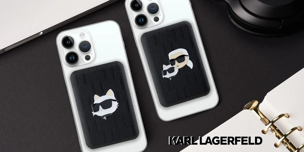 Karl Lagerfeld indukcinė išorinė baterija KLPB5FPGKSKCHK 16W 5000mAh juodos spalvos Karl&Choupette Head Pin MagSafe