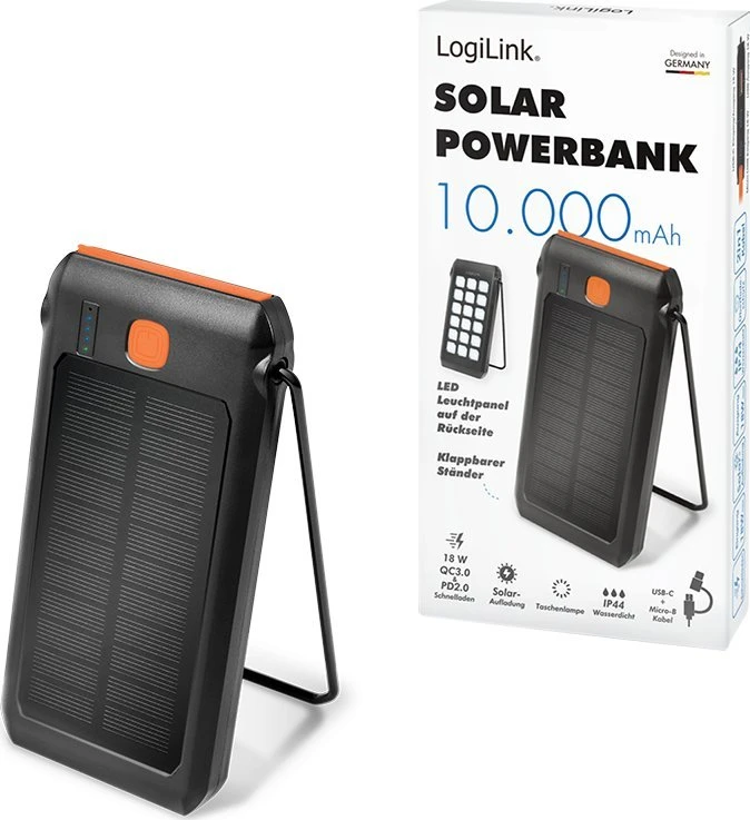 „Logilink“ saulės energija varoma išorinė baterija, 10000 mAh, žibintuvėlis, 2x USB-A QC ir 1x USB-C PD | PA0273