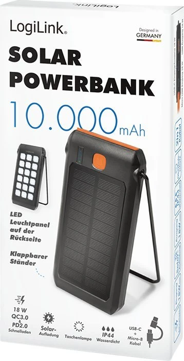 „Logilink“ saulės energija varoma išorinė baterija, 10000 mAh, žibintuvėlis, 2x USB-A QC ir 1x USB-C PD | PA0273
