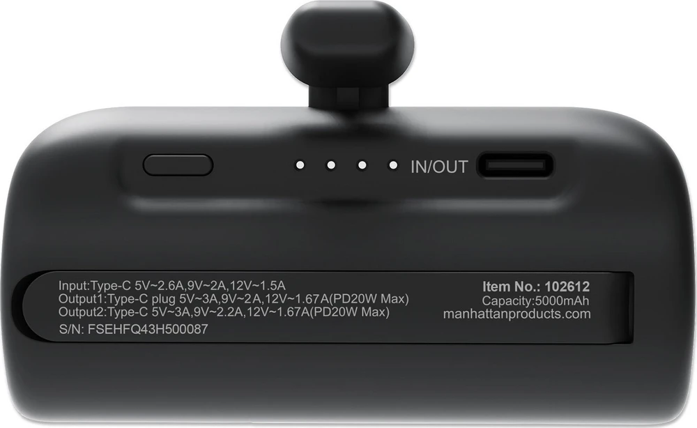 Nešiojamoji baterija Manhattan 102612 USB-C maitinimo šaltinis 20W 5000mAh Juodas