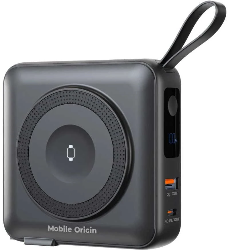 Mobile Origin nešiojamas įkroviklis ir kelioninis įkroviklis, „Lightning“ / USB-C laidas, suderinamas su „MagSafe AW“ / „iPhone“, juodas