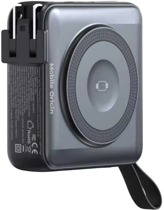 Mobile Origin nešiojamas įkroviklis ir kelioninis įkroviklis, „Lightning“ / USB-C laidas, suderinamas su „MagSafe AW“ / „iPhone“, juodas