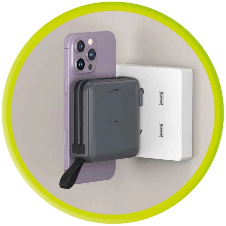 Mobile Origin nešiojamas įkroviklis ir kelioninis įkroviklis, „Lightning“ / USB-C laidas, suderinamas su „MagSafe“ / „AW“ / „iPhone“, pilkas