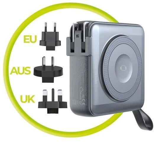 Mobile Origin nešiojamas įkroviklis ir kelioninis įkroviklis, „Lightning“ / USB-C laidas, suderinamas su „MagSafe“ / „AW“ / „iPhone“, pilkas