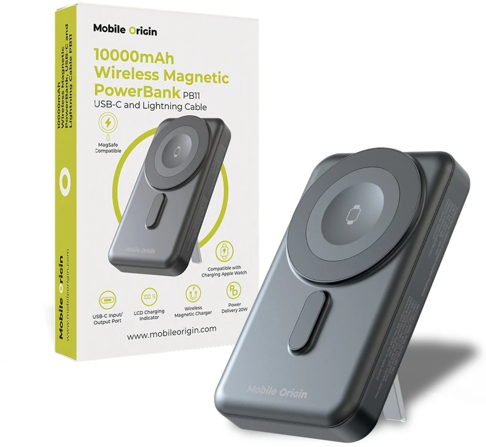 Mobile Origin belaidis magnetinis įkroviklis 10000 mAh, USB-C ir „Lightning“ laidas PB11