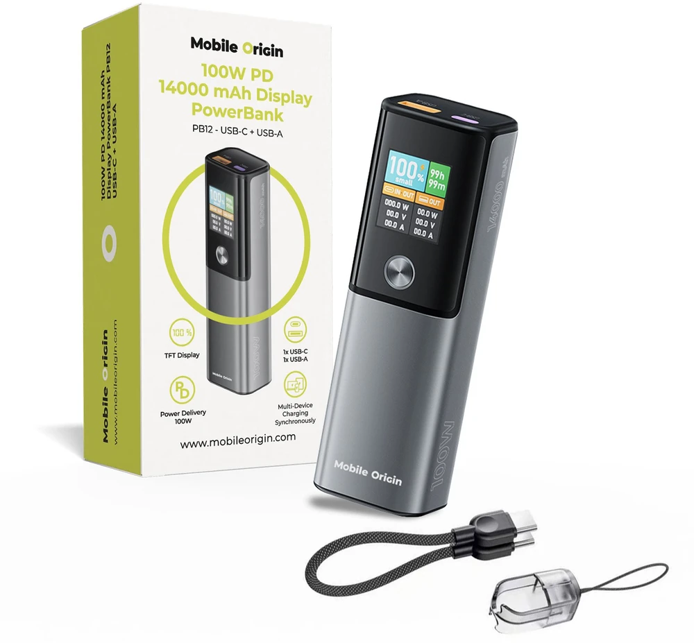 Mobile Origin 100 W PD 14 000 mAh išorinis akumuliatorius su ekranu PB12 - USB-C + USB-A