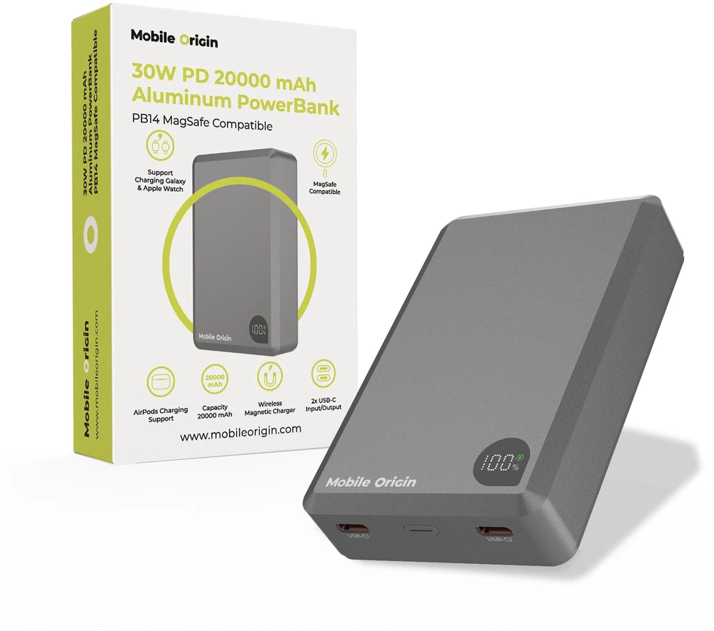 Mobile Origin 30 W PD 20000 mAh aliuminio išorinis akumuliatorius PB14, suderinamas su MagSafe