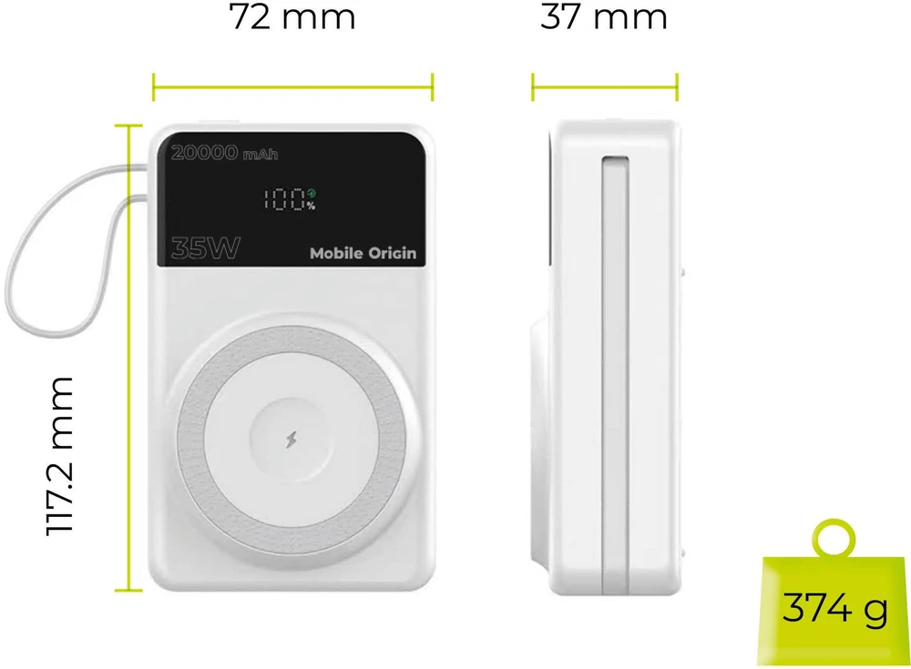 Mobile Origin 35W PD 20000mAh išorinis akumuliatorius su ekranu PB15 suderinamas su MagSafe